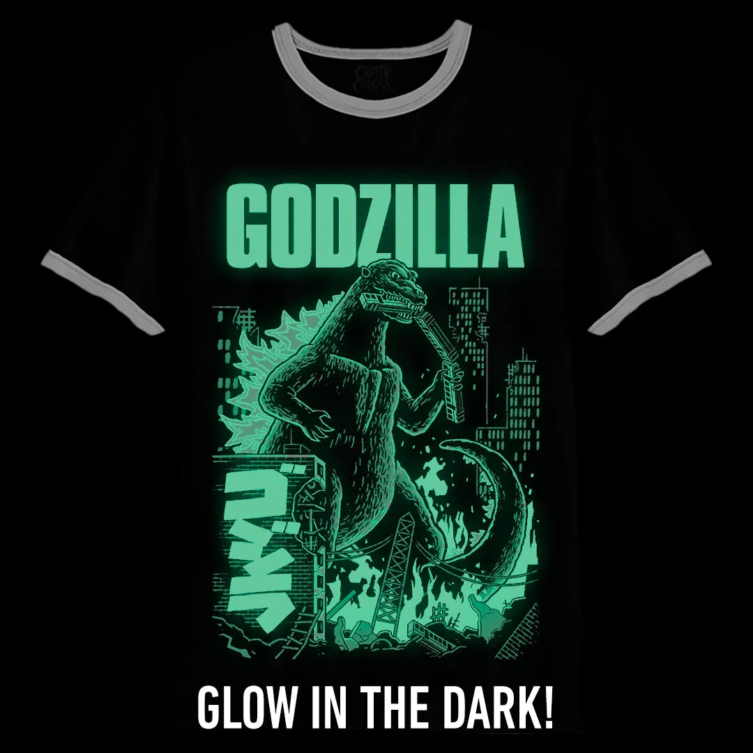 GODZILLA: NIGHT OF FIRE - RINGER T-SHIRT (GLOW IN THE DARK)