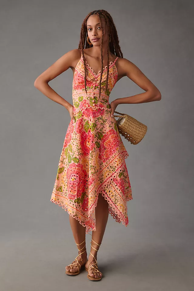 Farm Rio Printed Eyelet Asymmetrical Dress PINK COMBO